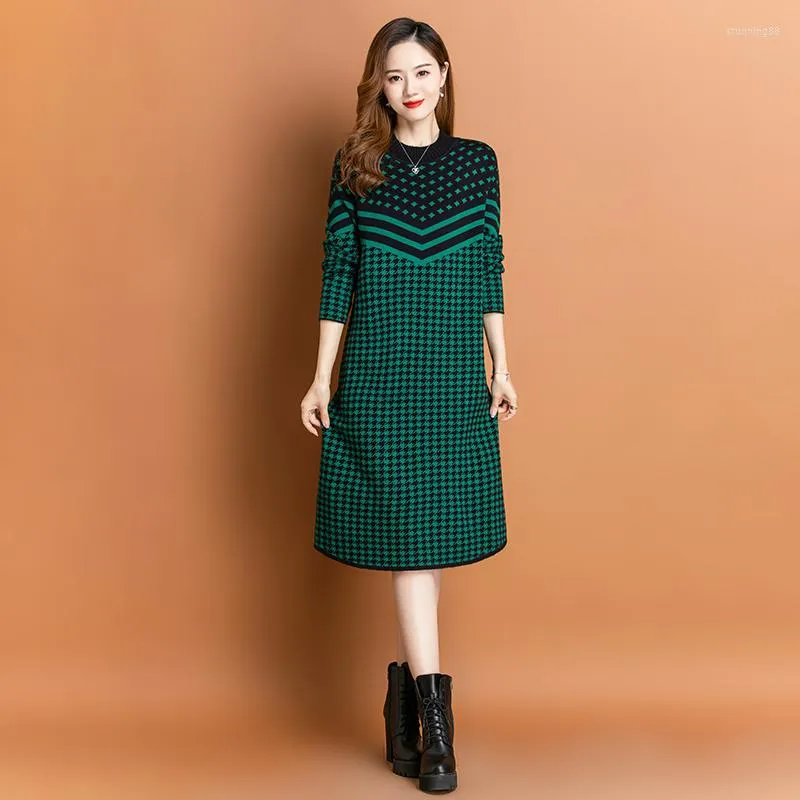 Casual Dresses 2023 Green Bird Lattice Knitted Woolen Top Sweaters Women Fashion Elegant Pullovers Autumn Winter Korean