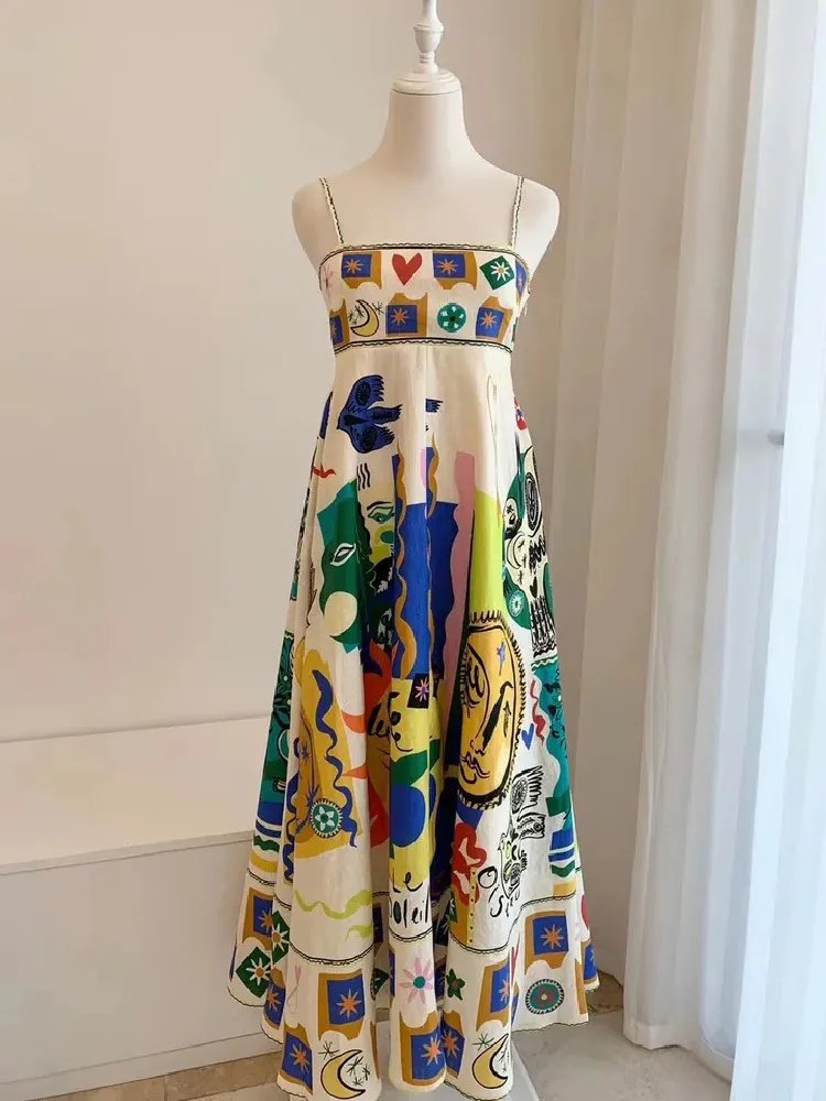 Sukienki marki projektant Elegancki nadruk kolorowy długi sukienki Kobiety paski spaghetti w talii