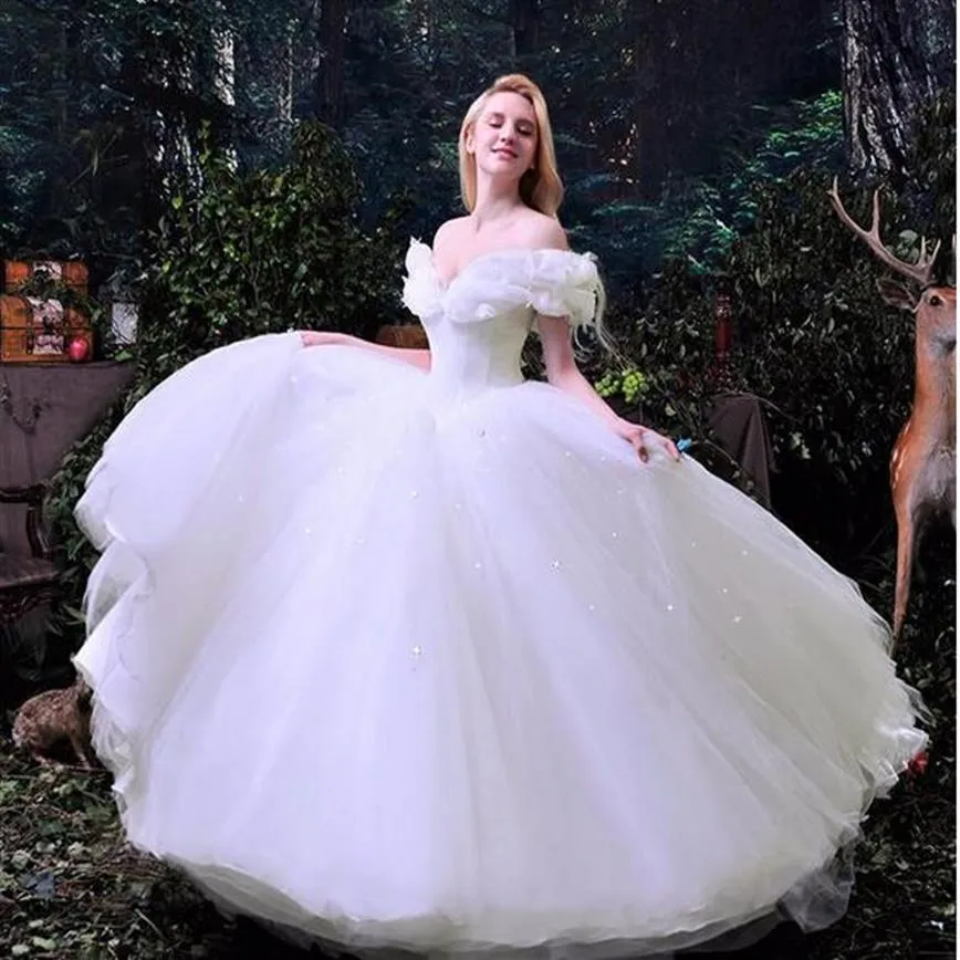 Abiti da sposa bianchi Cenerentola Ball Gown Abiti da sposa lunghi con spalle scoperte Paillettes drappeggiati Abiti da sposa Abiti da ballo economici Abito lungo 2253B