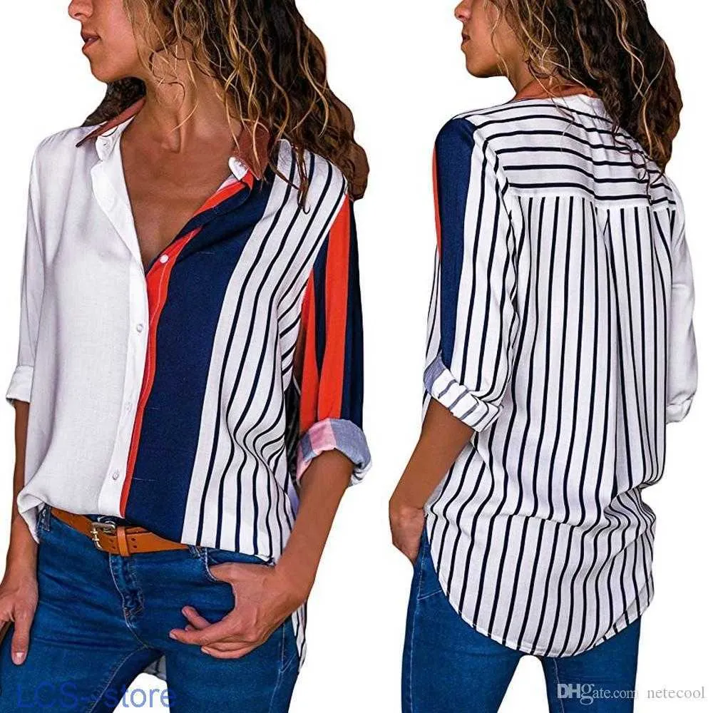 Camicette da donna Camicie Camicia a righe color block da donna Elegante camicetta da donna da ufficio Camicetta casual a maniche lunghe con bottoni Chemise