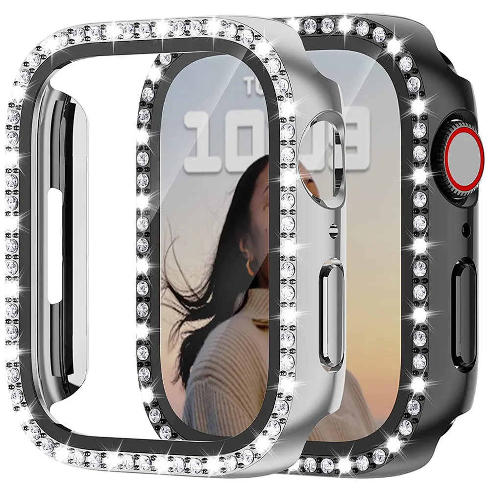 Diamentowa okładka dla Apple Watch Case 45 mm 41 mm 44 mm 40 mm 42 mm 38 mm 38 mm temperowanego szklanego zderzaka ochronę ekranu IWatch Seria 7 SE 6 8 5 w pudełku detalicznym