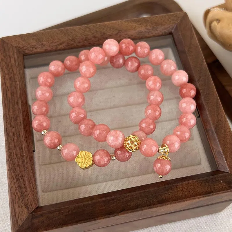 Strand Minar Chic Pink Color Natural Stone Crystal Bracelets For Women Girl Glass Flower Hollow Ball Pendant Beaded Bracelet