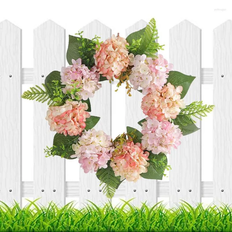 Flores decorativas Hortensia Puerta Guirnalda 15.7 pulgadas Primavera artificial rosa y púrpura con hojas verdes para la decoración del hogar de la pared del jardín delantero