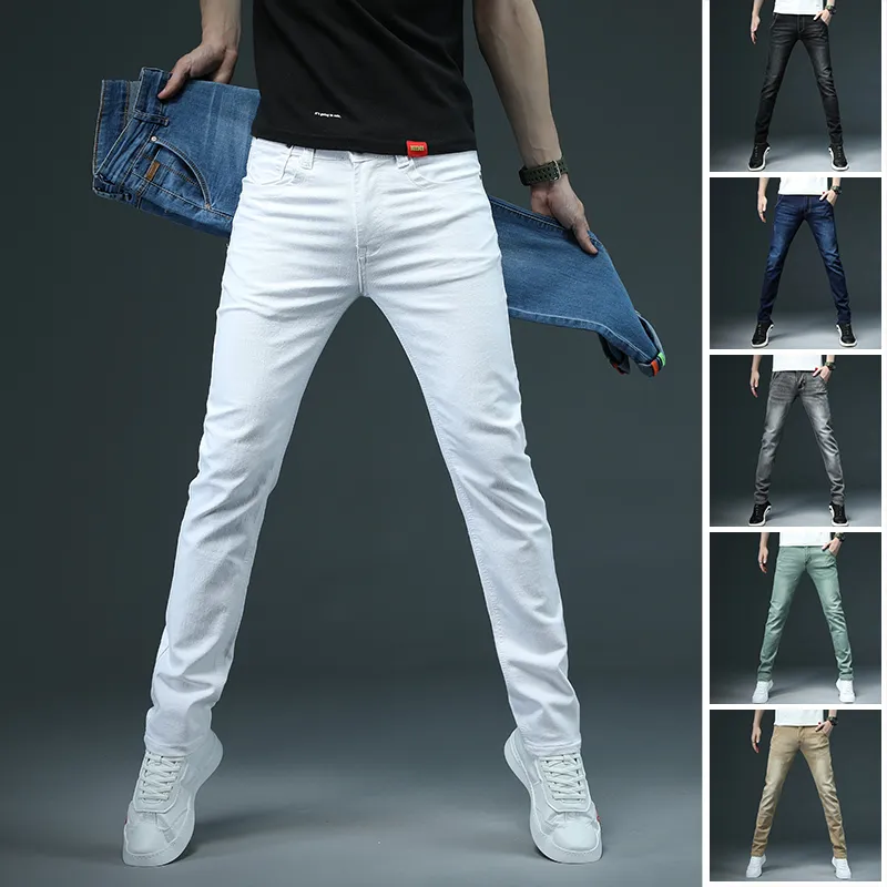 Мужские джинсы скинни белая мода повседневная эластичная хлопчатобумажная джинсовая одежда мужской бренд.