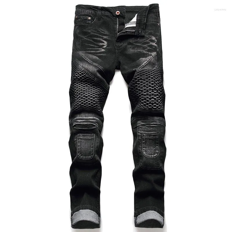 Jeans pour hommes 2023 haute qualité hommes noir motard enduit droit plissé décontracté mâle moto Denim pantalon Vaqueros Hombre