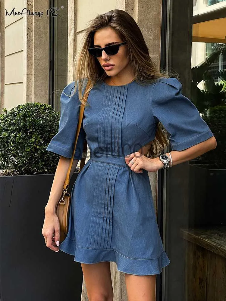 Casual Dresses Mnealways18 Blue Elegant Women Denim Dresses Short Sleeve Hollow Out Ruffled Dress Office Ladies Ruched Wash Jeans Dress 2023 J230619