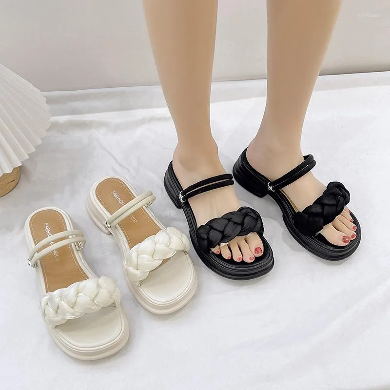 Slippers Shoes Woman 2023 Square Heel Casual Low Pantofle Platform Block Luxury Soft Summer Hoof Heels Basic Scandals PU Sli