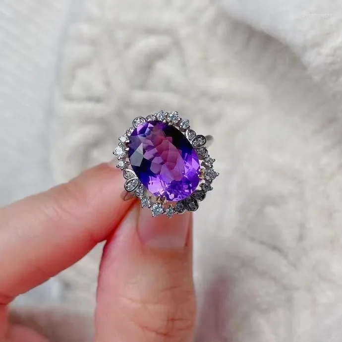 Cluster Rings 2023 Big Size Natural Amethyst Ring Real 925 Silver Women's Good Process Simple Atmosphere 10 14mm