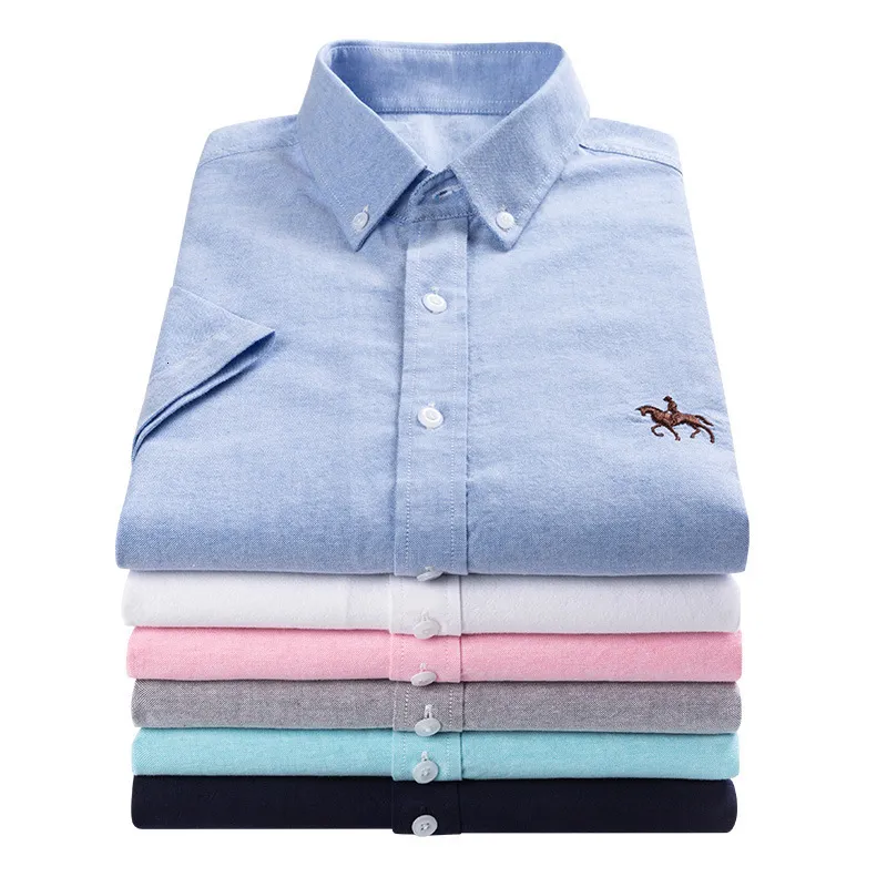 メンズカジュアルシャツ品質夏100％コットンオックスフォードシャツメンズ半袖刺繍馬カジュアルソリッドドレスシャツメンプラス5xl 6xl 230619