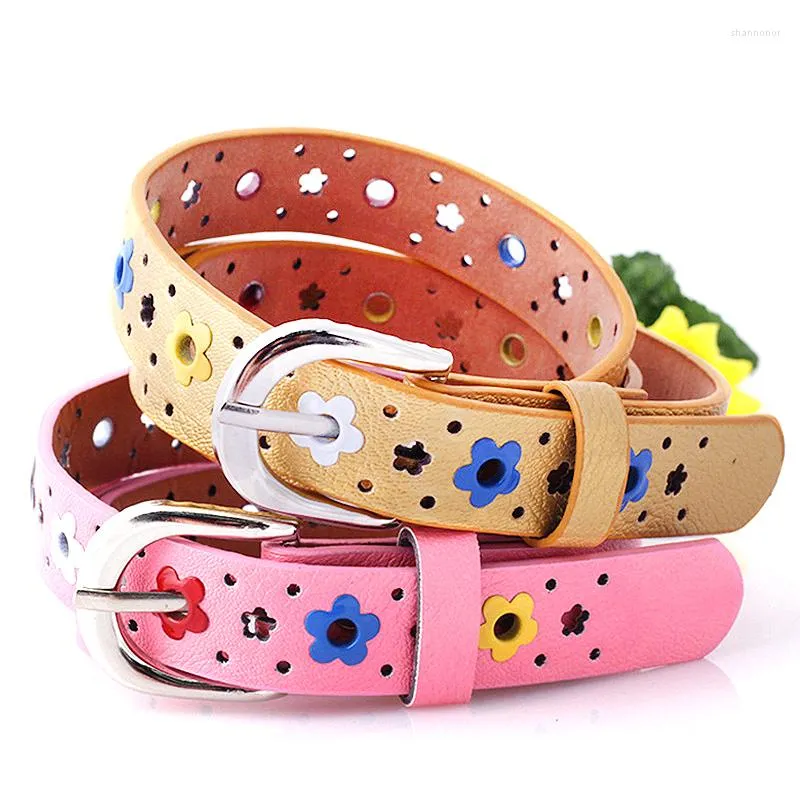 Belts Children Hollow Flower Waistband Kids Fashion Silver Color Metal Buckle Belt PU Leather Waist Colorful Floral Apparel