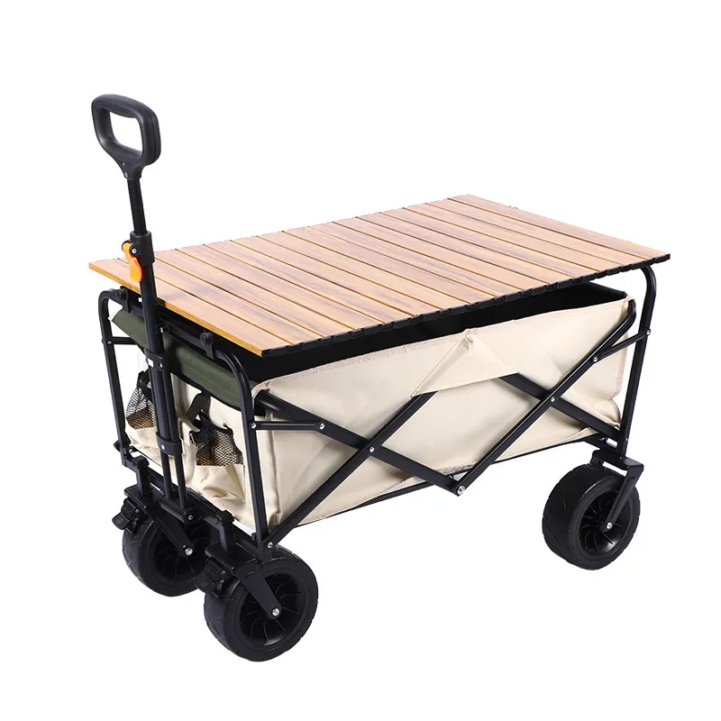 Carrello pieghevole pieghevole Carrello pieghevole resistente con grandi ruote per esterni Carro per passeggino di grande capacità con maniglia regolabile e tavolino in legno