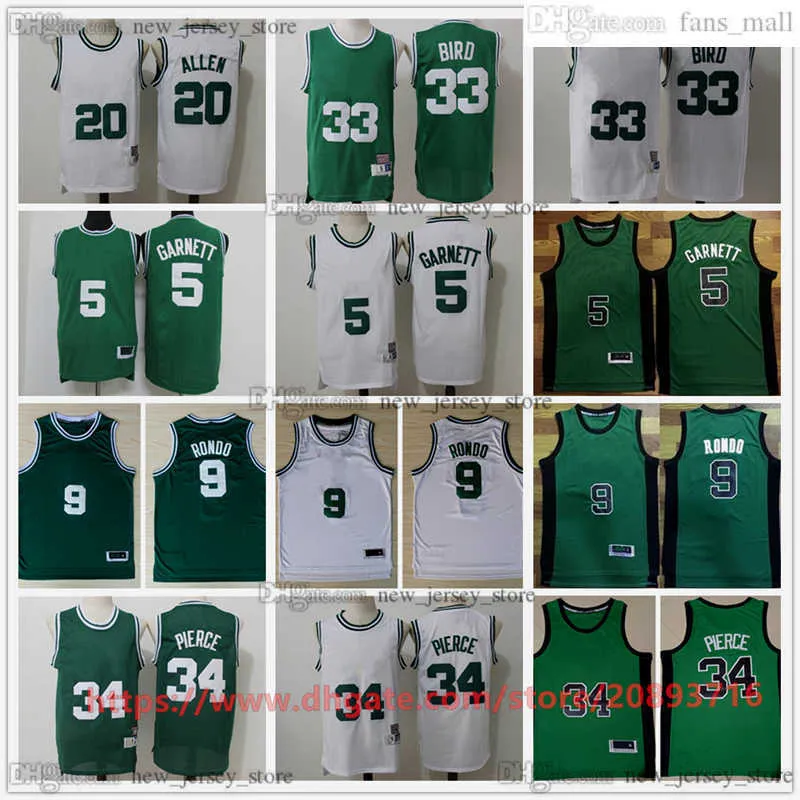 Vintage koszulki do koszykówki zszyte 33 Larry Bird Jersey 34 Paul Pierce Ray Allen Kevin Garnett Rajon Rondo koszulki białe zielone czarne retro oddychające koszulki sportowe