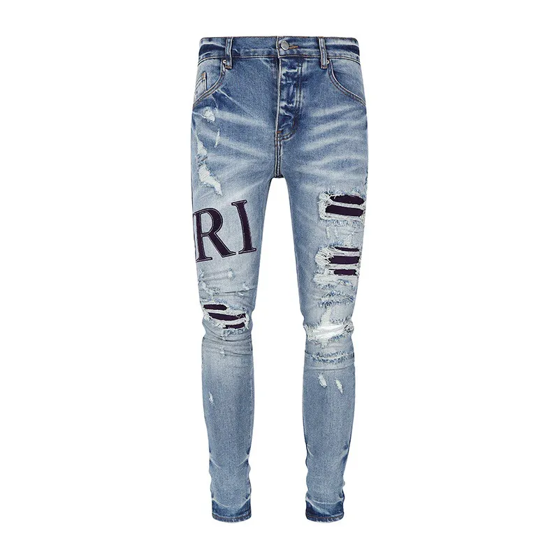 Jeans de gira de gira jeans European jeans jeans bordados de bordado rasgado para a marca de tendência vintage calça massinha slim skinny moda747
