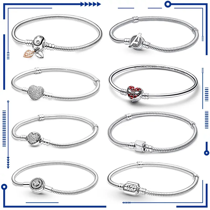 New in 925 Sterling Silver Snake Chain Charm Bracelet Fits Pandora Original Pendant Charm Bead For Women Heart Bracelets Jewelry