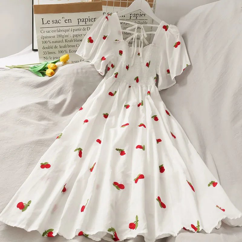 Robes décontractées de base été Super fée blanche fraise robe imprimée femmes belle Bk Ling mi-longueur Ins mode 230619