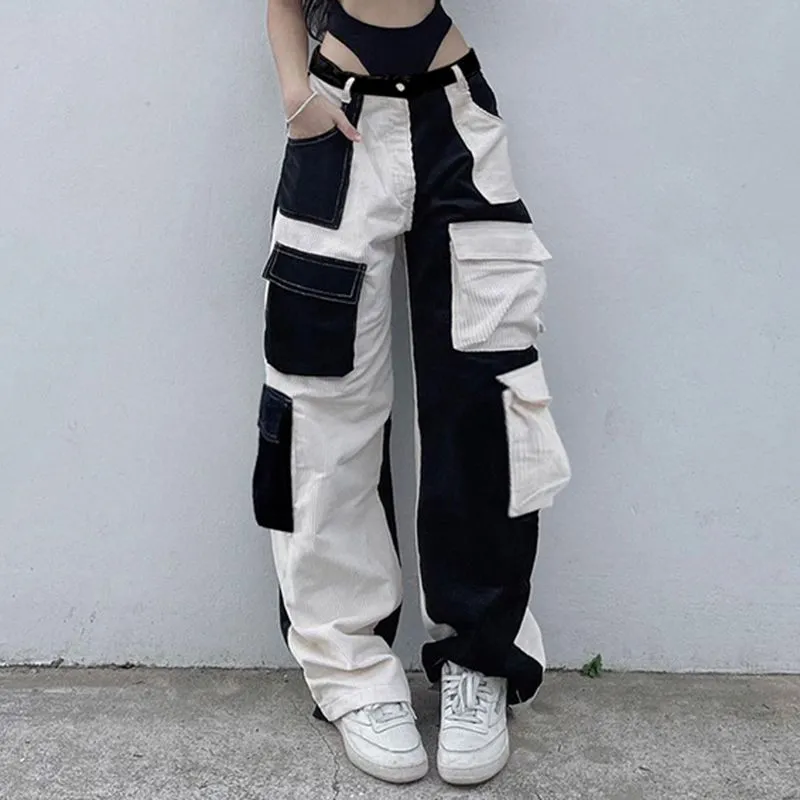 Black and white splicing contrast color corduroy cargo pants women 2023 high waist multi-pocket y2k baggy hot girl casual