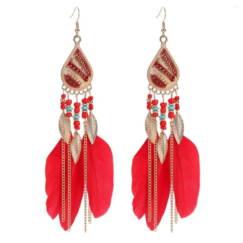 Baumeln Ohrringe Rote Feder Quaste Ohrring Für Frauen Boho Strand Kette Blatt 2023 Trendy Hochzeit Braut Schmuck Großhandel