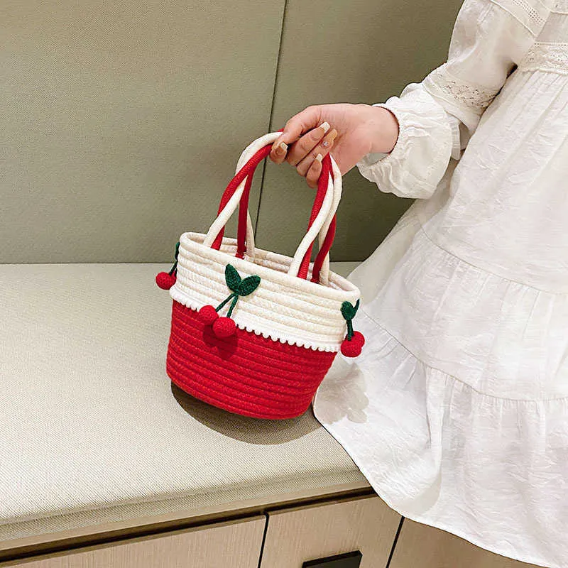 Beach Bags Cherry Handbag Women's New Handmade Cotton Thread Versatile Lovely Woven Bag Seaside Holiday