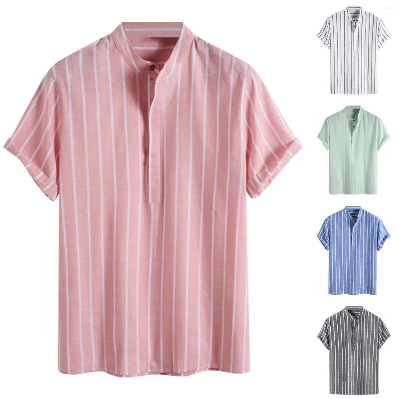 Men's Casual Shirts Summer Men Turn Down Collar Short Sleeve Button Loose Male Stripe Stand Shirt Blouse Oversized