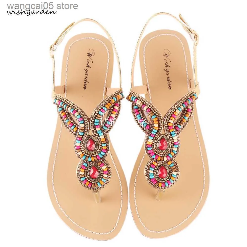 Sandaler Ny sommaren retro sträng pärla kvinnor strand sandaler amerikansk stil kvinnlig toffel mulher t-strap flops förälder-barn skor plus storlek t230619