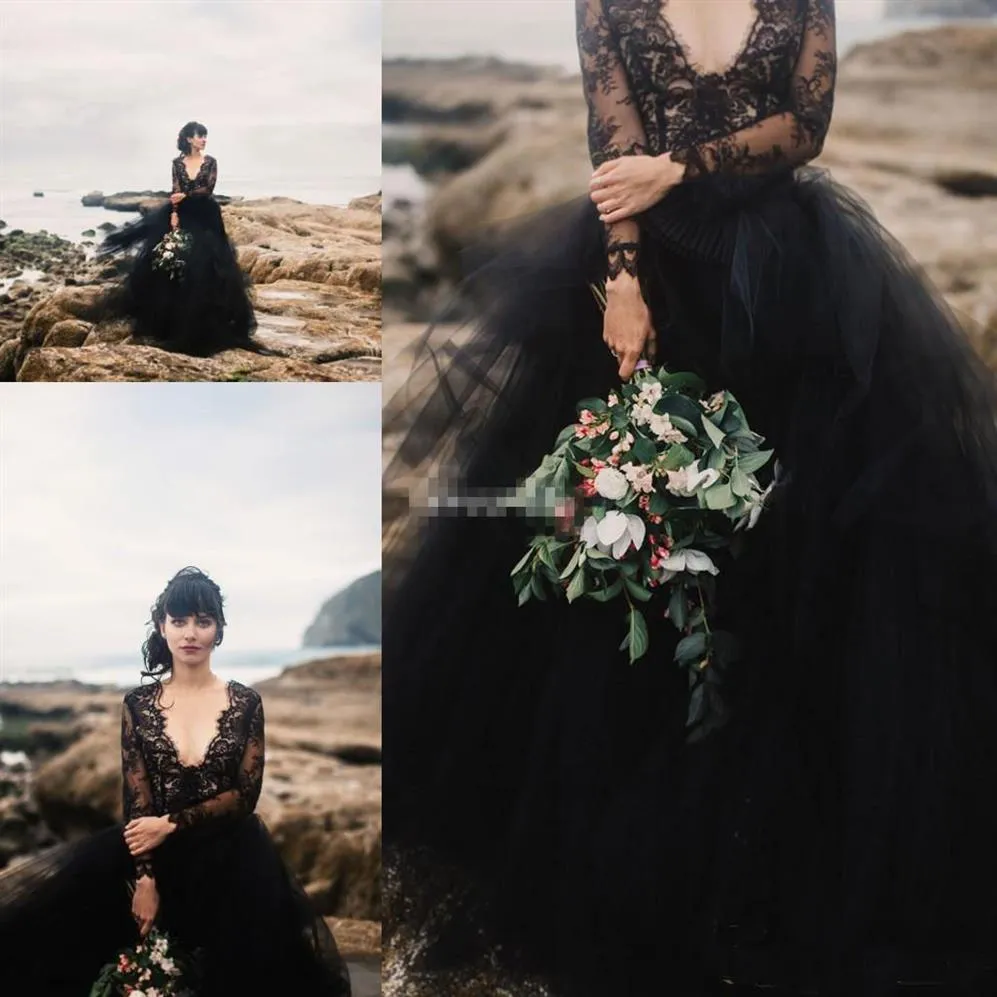 Modern Gothic Black Wedding Dresses with Long Sleeves Lace Tulle Puffy Bohemia Party Formal Bridal Wedding Gowns A Line Beach Dres298E