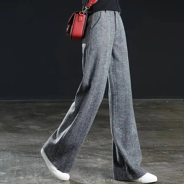 2022 Spring Autumn Womens Herringbone Woolen Wide Leg Pants High Waist  Straight Next Wide Leg Trousers For Slim Fit Suit From T_shop008, $35.15