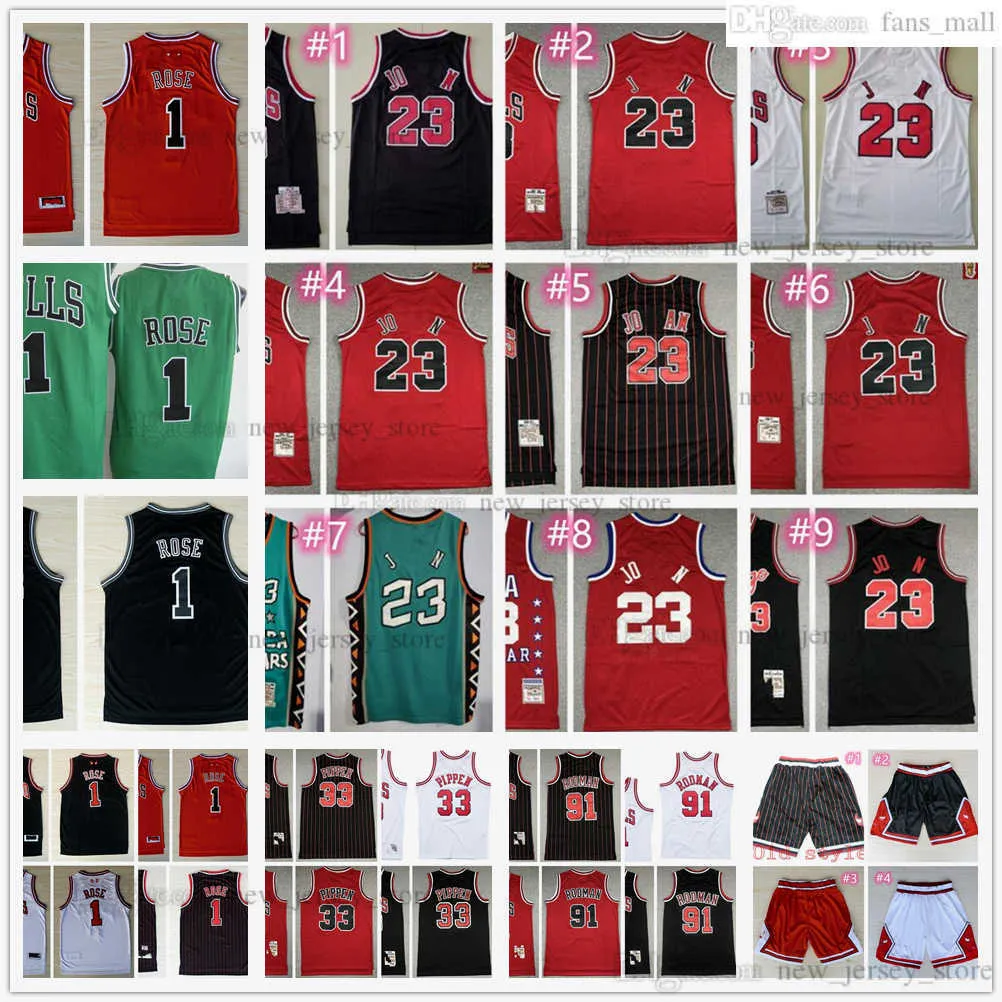 Mitchell och Ness 2008-09 Basketball 1 Derrick Rose Jersey Red 33 Scottie Pippen 91 Dennis Rodman Jerseys Retro Green Black Stripe White White