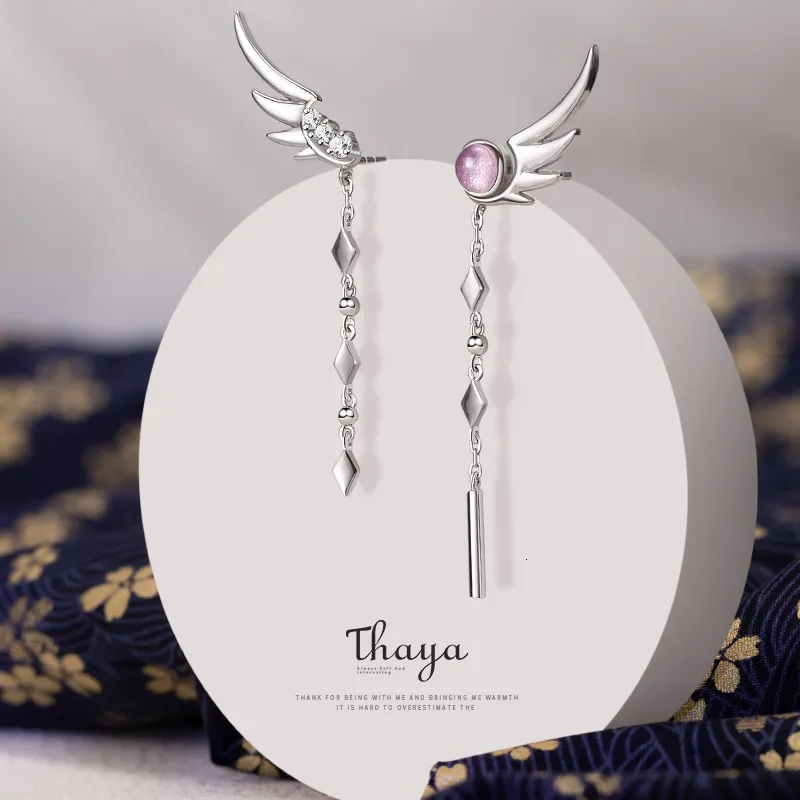 Clip-On skruv tillbaka Thaya Tassel Silver Color Earring Dangle Silver Needle Feather Crystal Earring Japanska Stylish Women Earring Party Fine Jewelry 230617