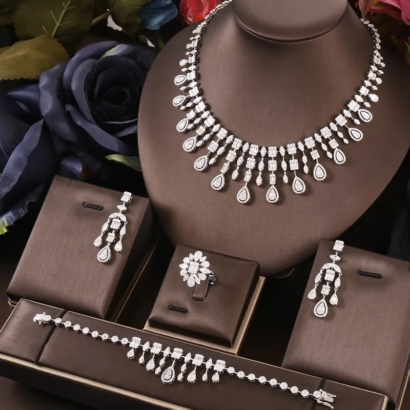 Orecchini Collana Spille Janekelly 4 pezzi Set completo di gioielli in zirconi da sposa per le donne Party Luxury Dubai Nigeria CZ Crystal Wedding e230619