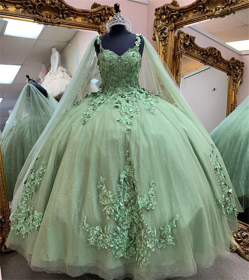 Luxury Green Quinceanera Dresses 2023 With Florals Sparkle Sequin Birthday Dress Elegant Dubai Cape Prom Dress Beaded Sweet 16 Party XV Debutante Vestidos 15 anos