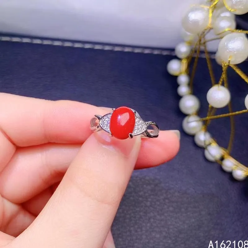 Cluster Rings Exquisite Jewelry 925 Sterling Silver Inset With Natural Gem Women&#39;s Classic Simple Red Coral Adjustable Ring Support