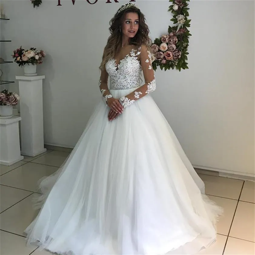 Elegant Lace Appliques Long Sleeves Wedding Dresses Ball Gowns See Through White Tulle Bridal Dress vestidos de novias267G