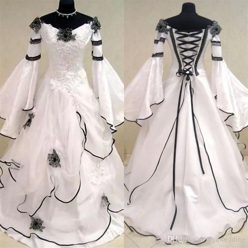 Renaissance vintage svartvita medeltida bröllopsklänningar vestido de novia keltiska brudklänningar med passform och flare ärmar flowe260k