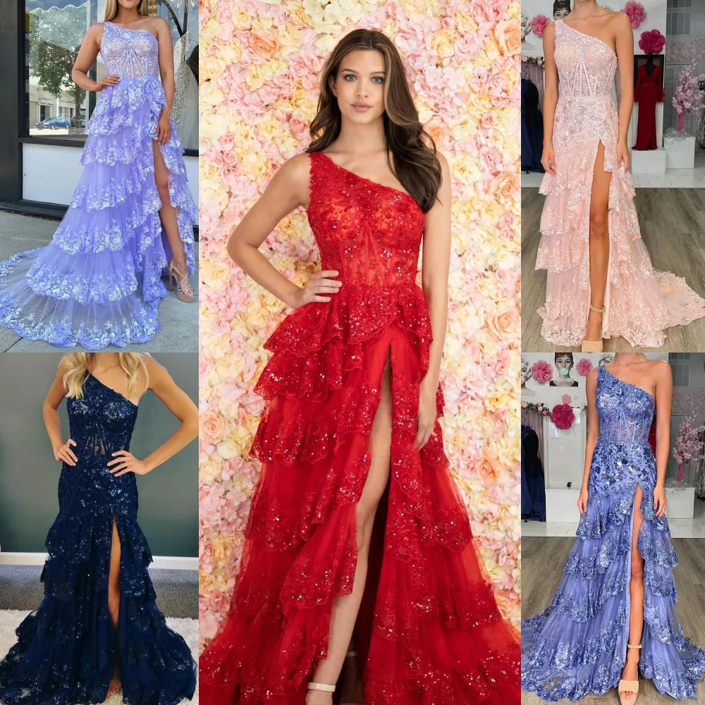 Sparkling Tulle Prom Dress 2024 One-Shoulder Ruffle High Slit Skirt Corset A-Line Evening Party Gown Sparkling Tulle Prom Dress 2024 One-Shoulder Ruffle High Slit Skirt Corset A-Line Evening Party Gown