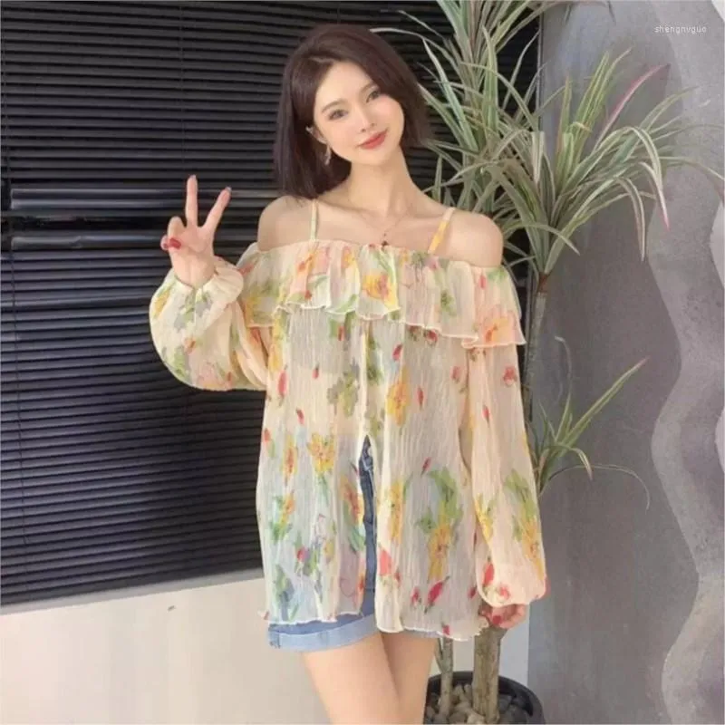 Women's Blouses French Vintage Sexy Off Shoulder Top Fashion Casual Chiffon Tops Summer Women Spaghetti Strap Vest Floral Print