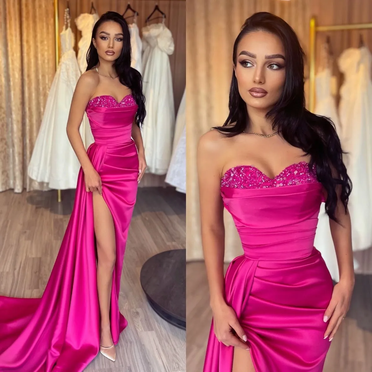 Elegant Rosy Pink Prom Dresses Sequins Sweetheart Party Evening Gowns Split Formal Long Special Occasion dress