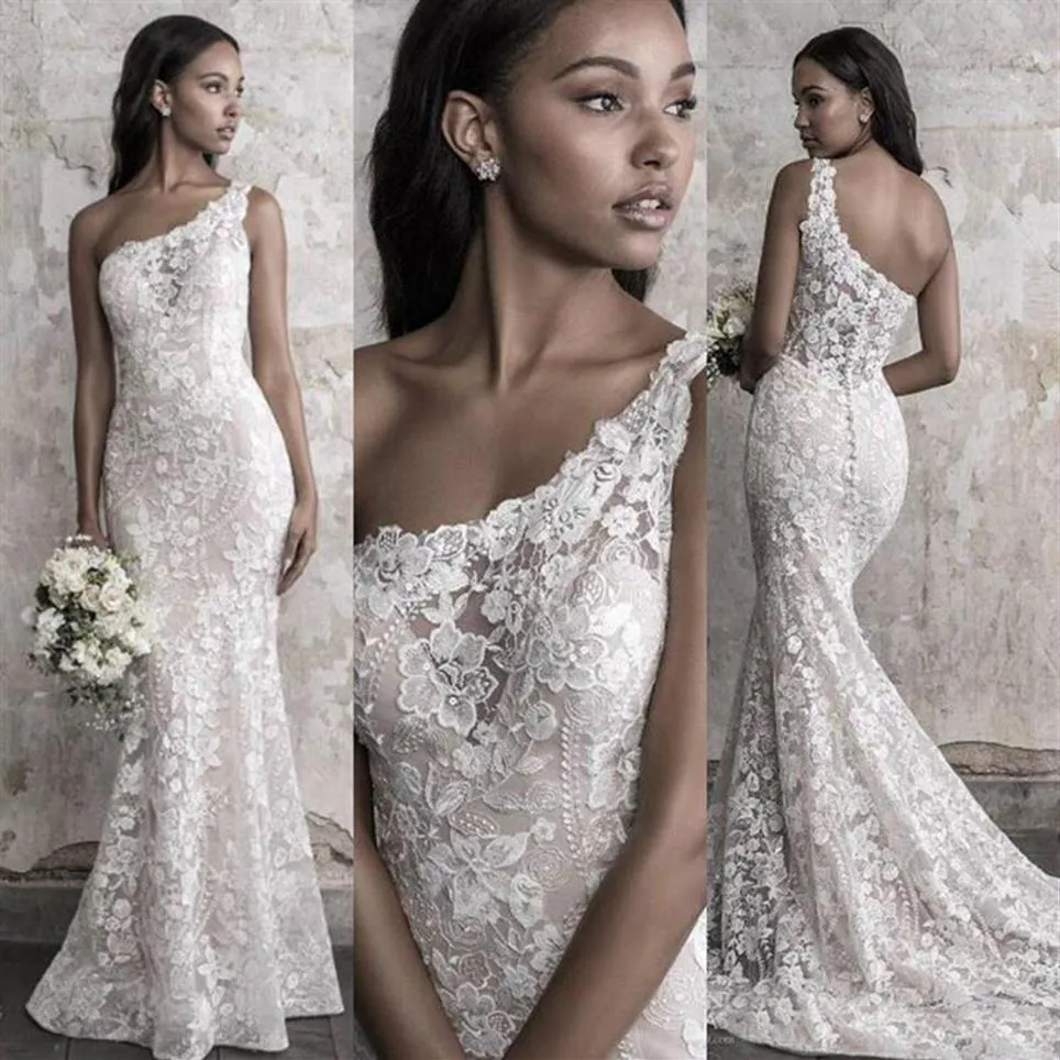 Madison James otoño 2021 vestido de novia sirena elegante un hombro apliques de encaje barrido tren vestidos de novia de lujo hecho a medida 231A