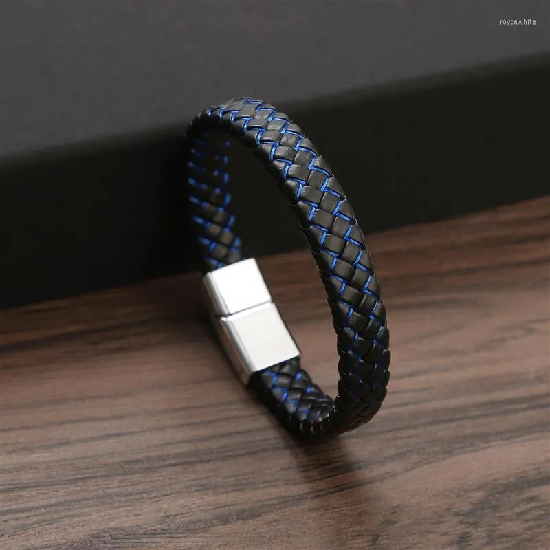 Charme Armbänder Klassische Luxus Blau Einfache Schnalle Für Edelstahl Leder männer Armband Geflochtene Seil Armreifen Schmuck Großhandel