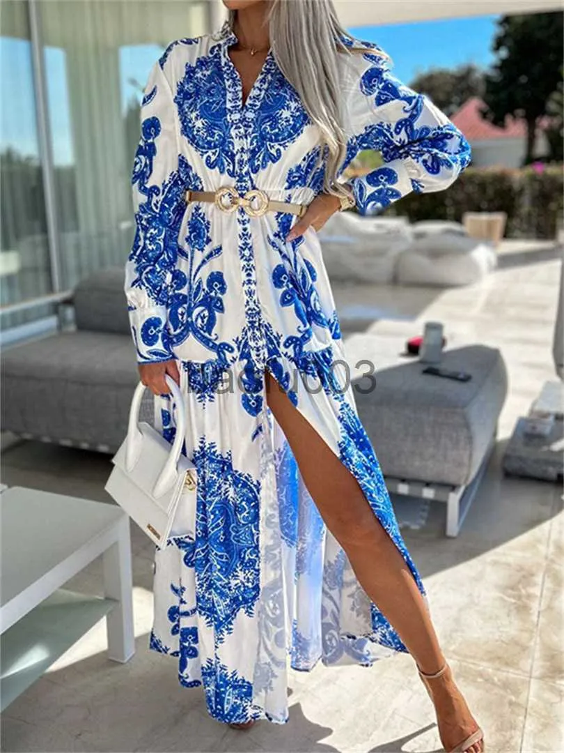 Повседневные платья Puloruru Vintage Printed Beach Long Dress Boho Fashion Женщины с длинным рукавом V-образным вырезом с высокой талией платье для вечеринки для отдыха A-Line J230619