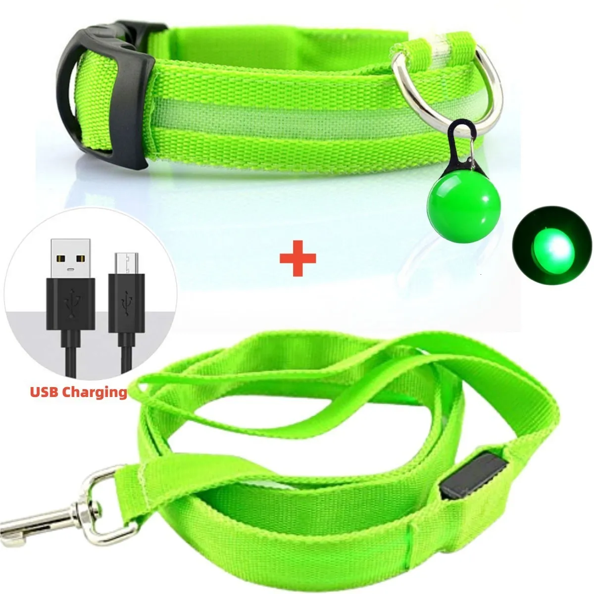 Dog Collars Leashes Led Glowing Leash Luminous Collar With Pendant Set Luxury Light For Kinds Dogs Cat Night Safety Flashing Accessories 230619