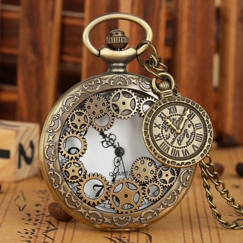 Pocket Watches Vintage Antique Copper Steampunk Bronze Hollow Gear Quartz Pocket Watch Halsband Pendant Klockkedja Män kvinnor med tillbehör 230619