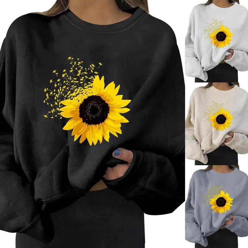 Gym Clothing Womens Daily Sunflower Print Sweatshirt Long Pullover Letter O Neck Printing Sleeve Women's Skateboard Blouse