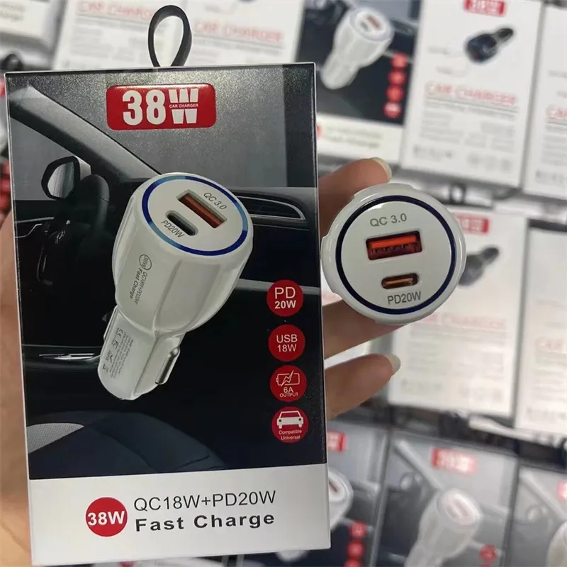 38W QC3.0 USB Telefon 3A Power Outlet Adapter PD Type-C Fast Car Charger för Xiaomi Samsung iPhone Huawei med låda