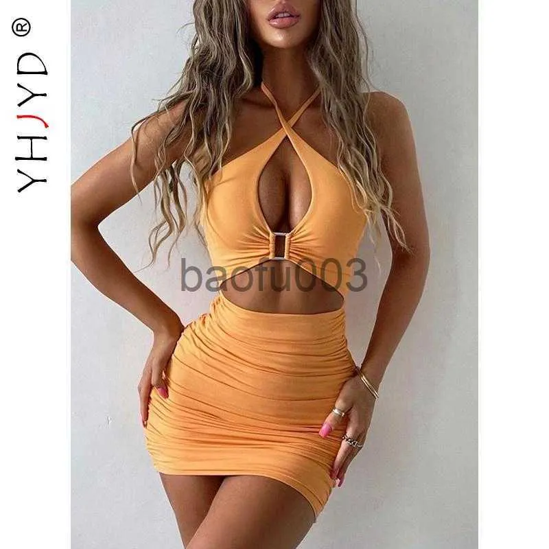 Lässige Kleider, sexy, figurbetontes Kleid für Damen, 2023, Sommer, solide, rückenfrei, Ausschnitt, Damen, gerüscht, Kreuz, Neckholder, kurze Minikleider, Party, Club, Outfit, J230619