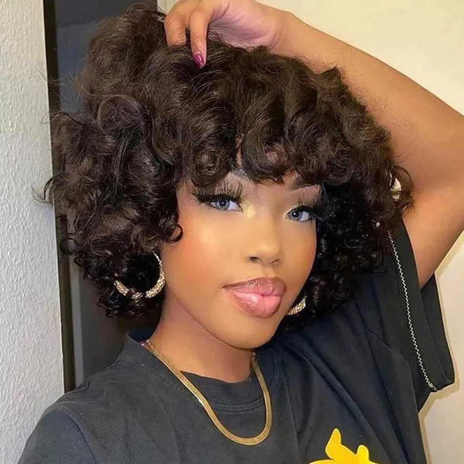 Nxy Hair Wigs Short Manuce с челкой бразильская роза Funmi Curly Bob Machine Made Wig для женщин Bob Perruque Cheveux Humain 230619