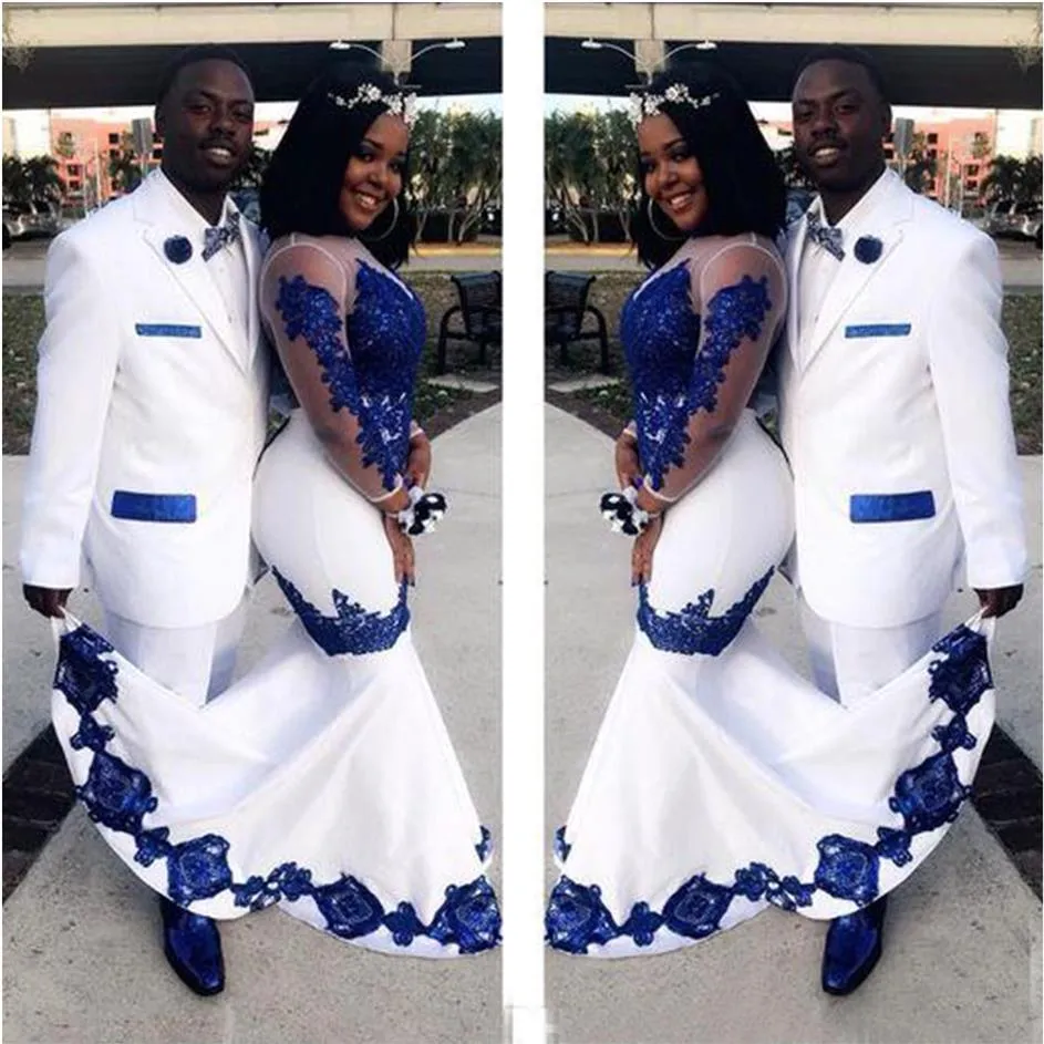Novo cetim branco azul real rendado aso ebi vestidos africanos mangas compridas ilusão apliques vestidos formais vestido de noiva concurso212i