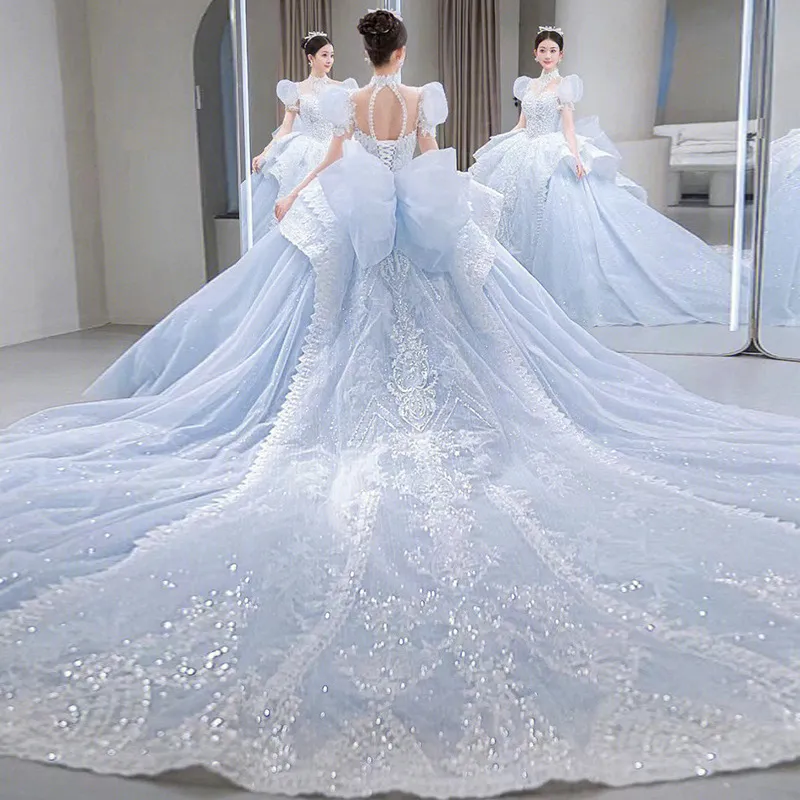 blue puffy wedding dress Light Blue Sheer Corset Ruffles A-Line Prom Dress with Puff Sleeves –  Modsele main image 0