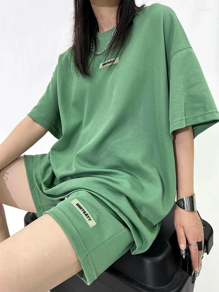 Damskie dresy letnie damski garnitur mody i krótkie zestawy zielone zielone solidne luźne, swobodny bawełniany rękaw dwupoziomowy zestaw