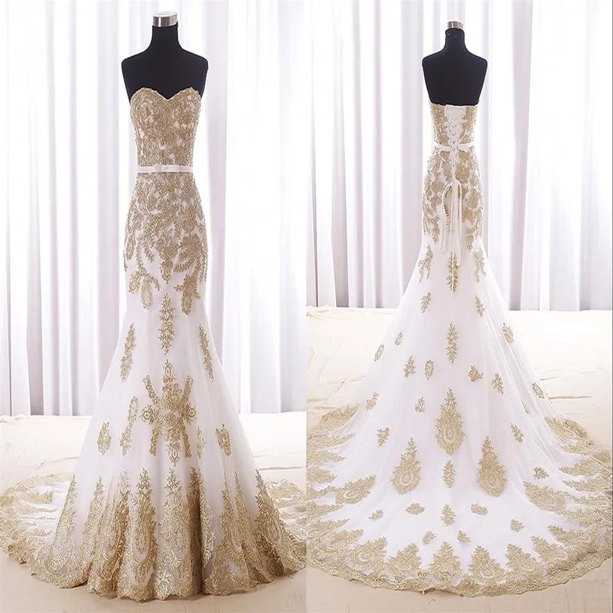 Weißes und goldenes Spitzen-Meerjungfrau-Hochzeitskleid, echtes Po-Schatz, Hofschleppe, Korsettrücken, Luxus, Designer247r