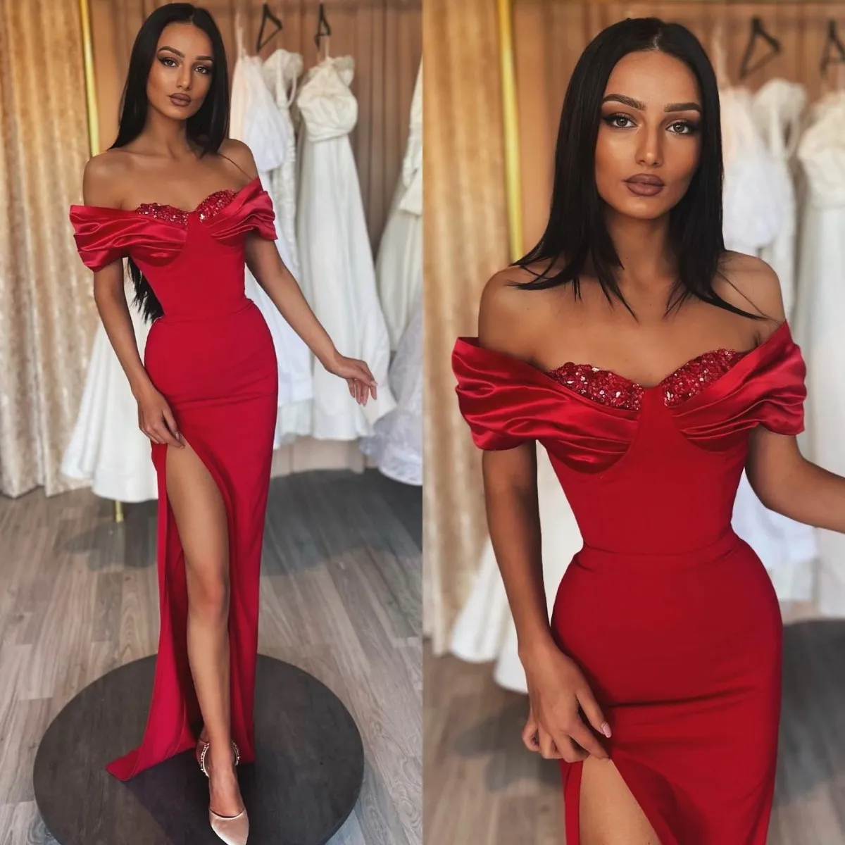 Elegant Red Prom Dresses Sequins Off Shoulder Party Evening Gowns Backless Split Formal Long Special Occasion dress